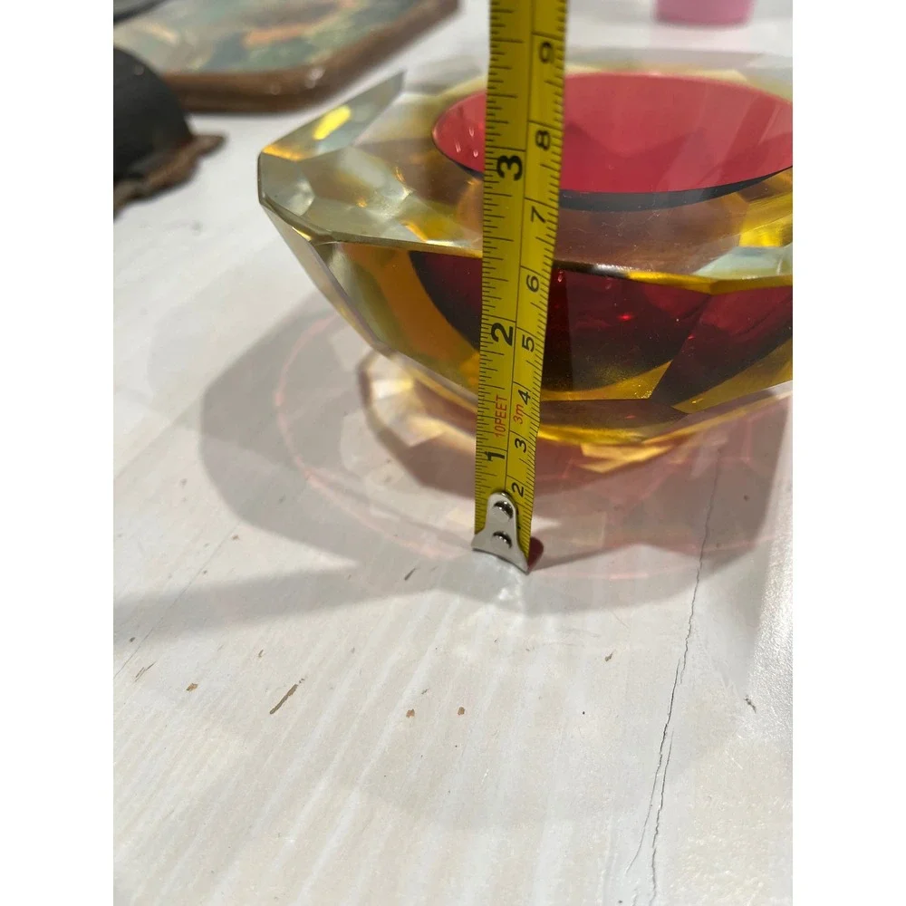Vintage Murano‎ Sommerso Glass Ashtray Bowl Red Amber Geode Faceted